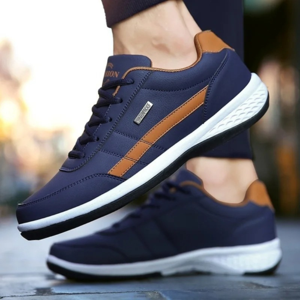 Orthopedic men's white leather trainers, comfort shoes with durable lacing for daily wear
