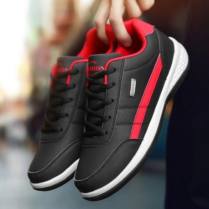 White leather lace-up comfort sneakers for men, breathable orthopedic footwear for casual style