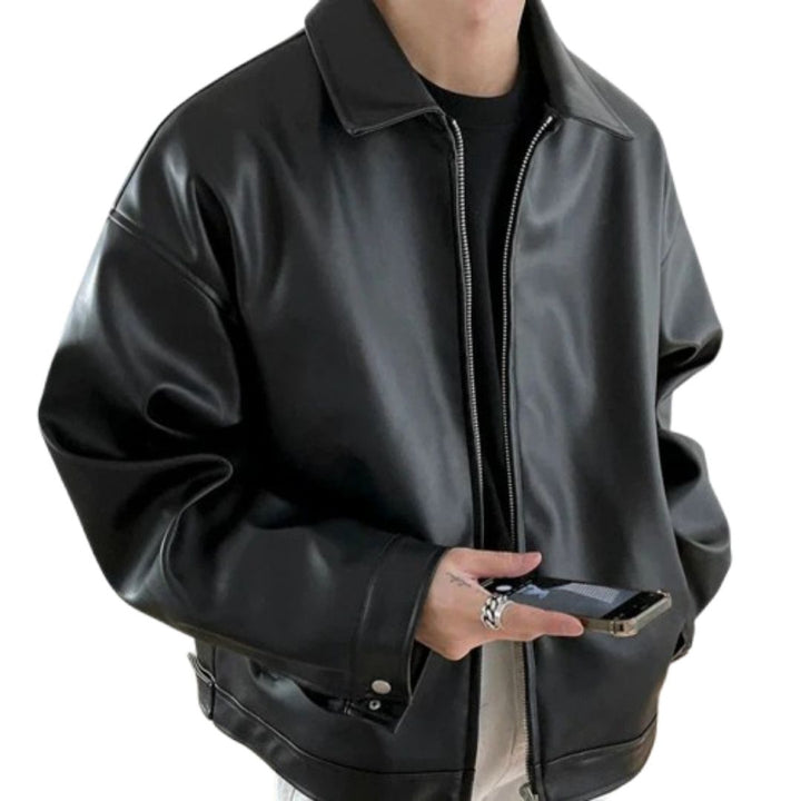 Men's black oversized leather bomber jacket, streetwear style for a casual look