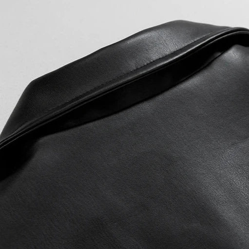 Black oversized leather bomber jacket, men's streetwear outerwear, close-up of texture