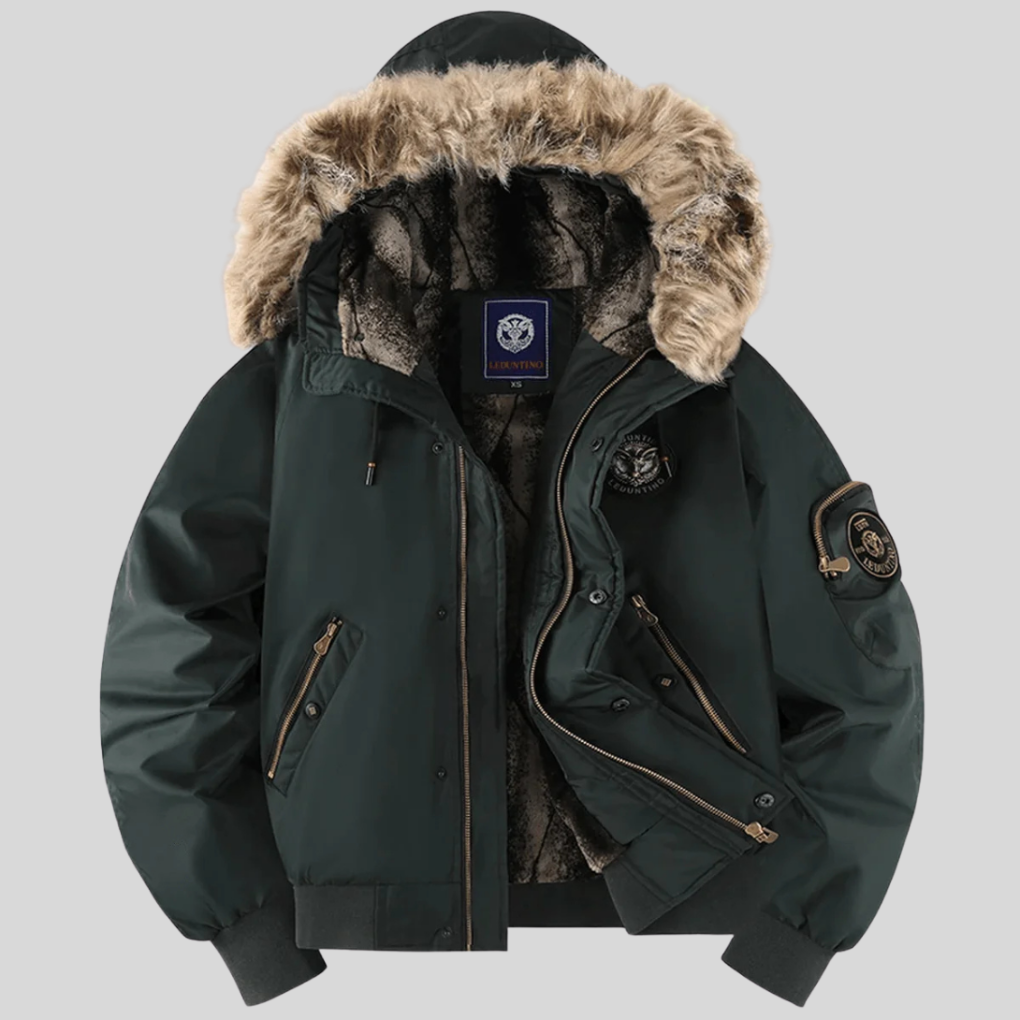 Men's black padded bomber jacket with faux fur hood, front view, for winter outerwear
