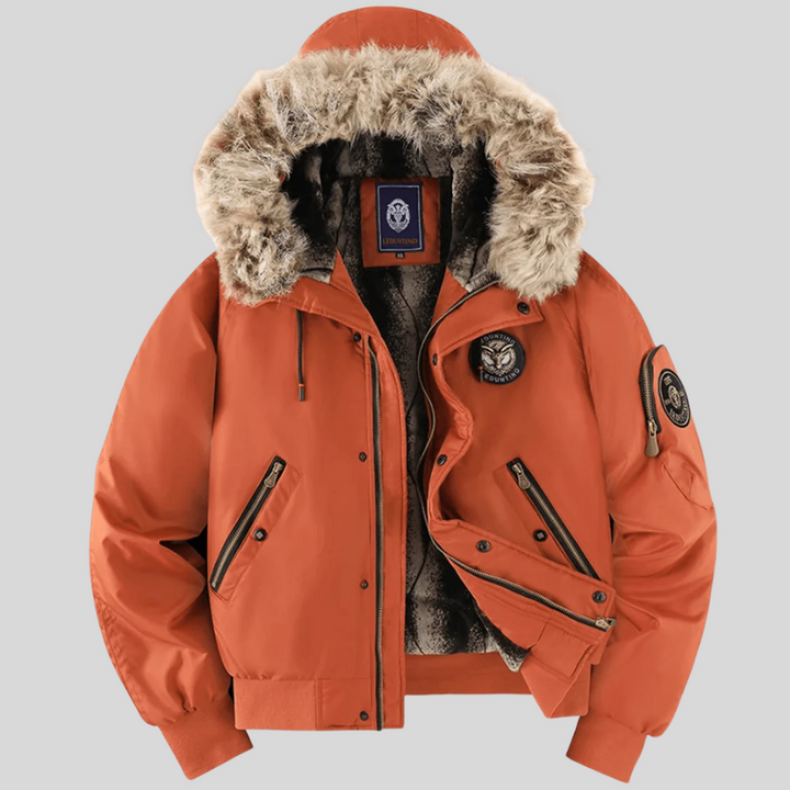 Stylish men's bomber jacket with cozy faux fur trim hood and quilted padding, side view