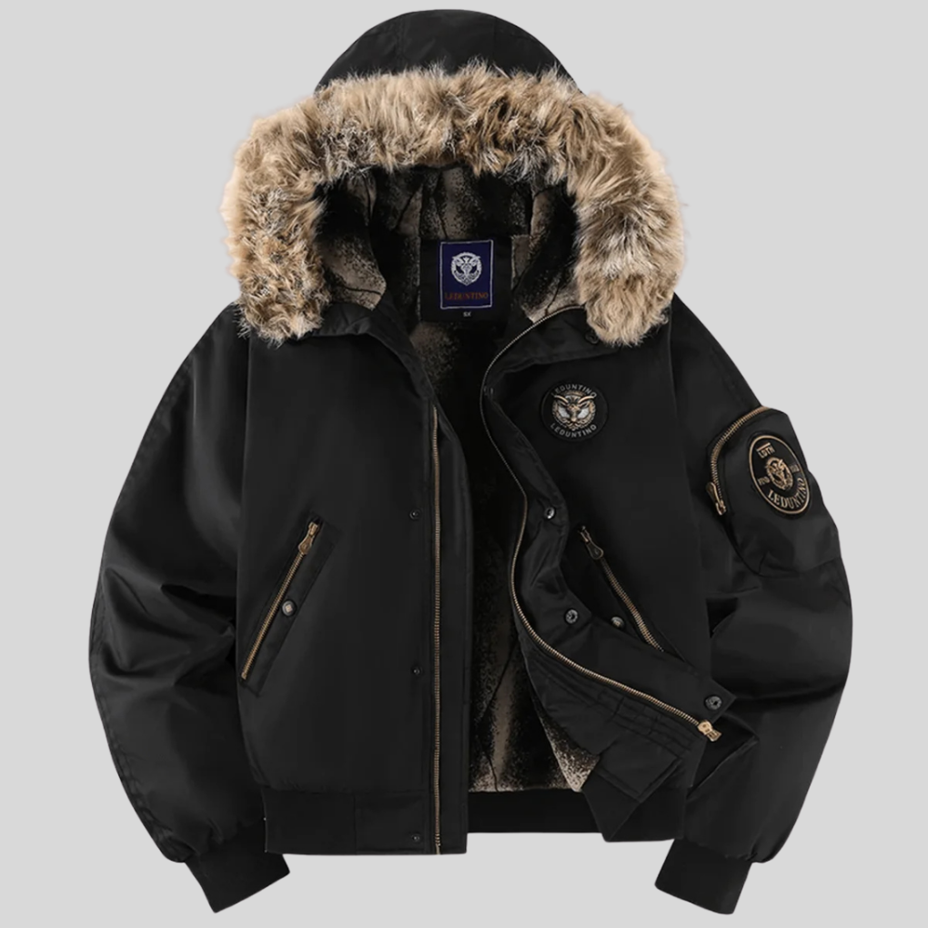 Close-up of faux fur hood and padded detail on men's casual winter bomber jacket