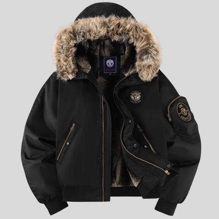 Close-up of faux fur hood and padded detail on men's casual winter bomber jacket