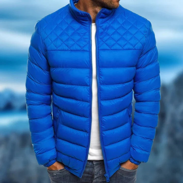 Men's black puffer jacket for winter, offering warmth & weather-resistance for cold outdoor daily wear & travel.