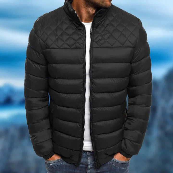 Fashionable men's weather-resistant puffer jacket, modeled in urban setting, perfect for daily casual & travel.