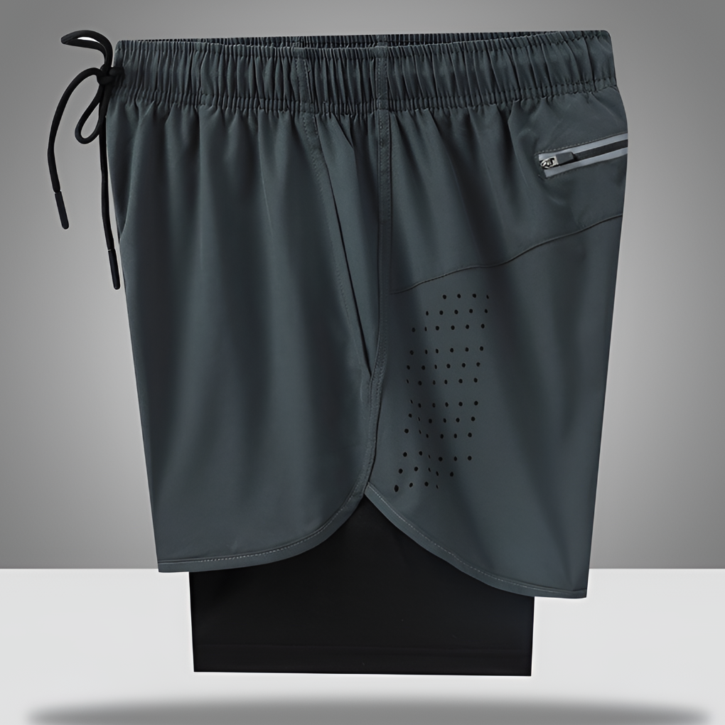 Men's black quick-dry running shorts with zipper pocket, ideal for athletic training & gym workouts