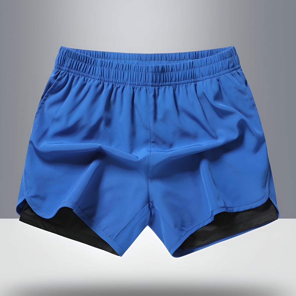 Navy blue men's athletic shorts, quick-dry polyester blend, prominent side zipper pocket for essentials