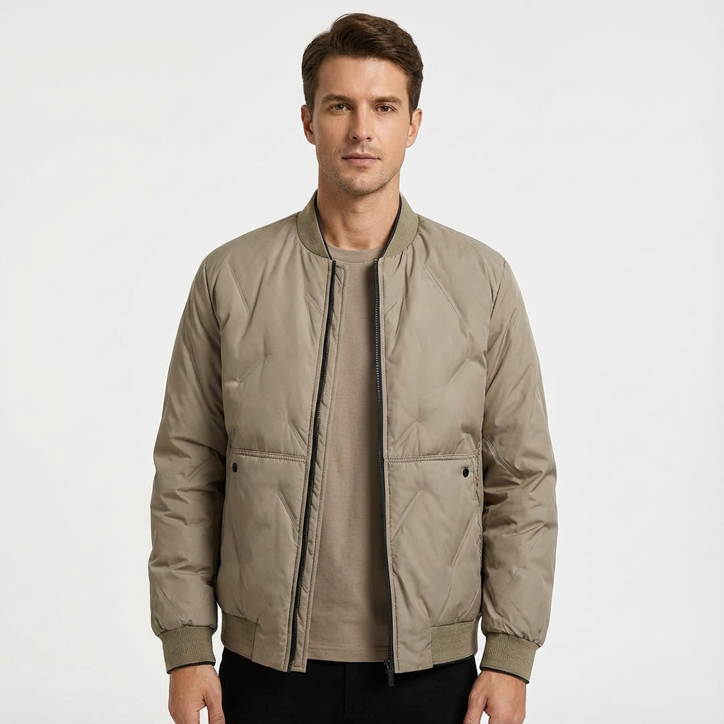 Men's black quilted bomber jacket. Casual zip-front outerwear, regular fit for everyday fall/spring style.