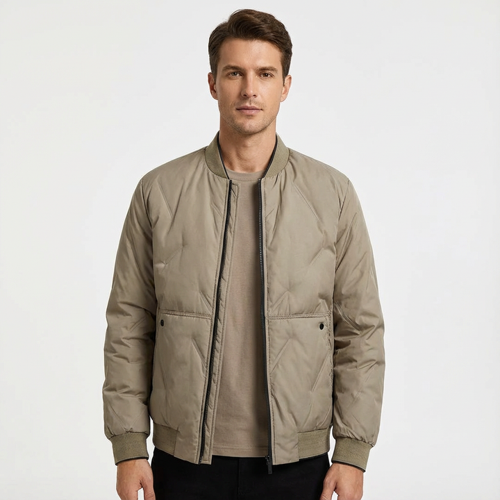 Men's black quilted bomber jacket. Casual zip-front outerwear, regular fit for everyday fall/spring style.