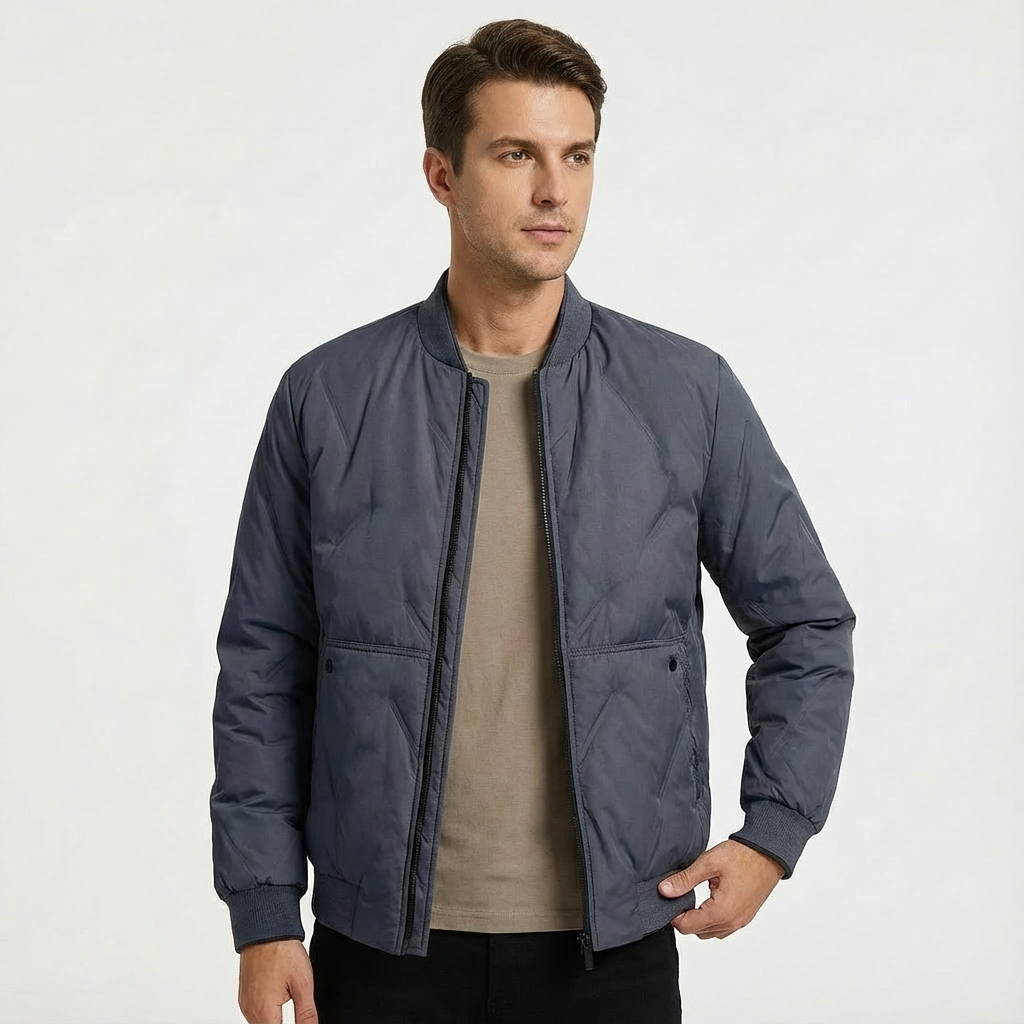 Men's casual khaki quilted bomber jacket. Zip-front, regular fit outerwear, great for everyday fall/spring style.