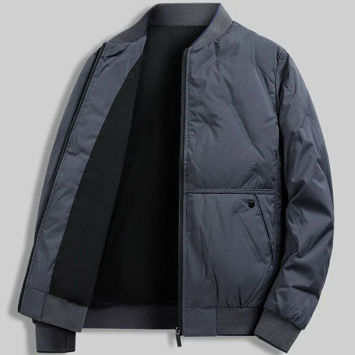Black quilted bomber jacket for men. Casual lightweight zip-front outerwear, perfect for everyday fall/spring.