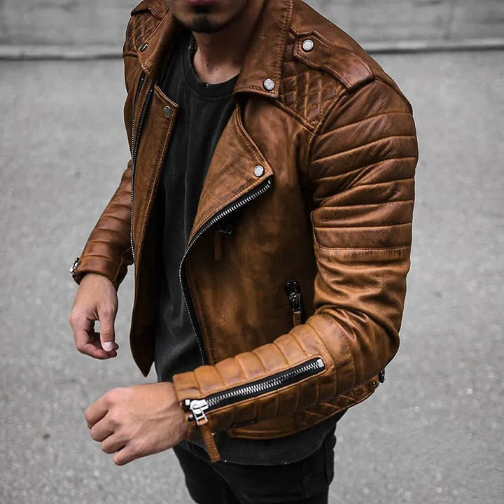Men's black quilted motorcycle jacket, front view, showcasing edgy style and durability.