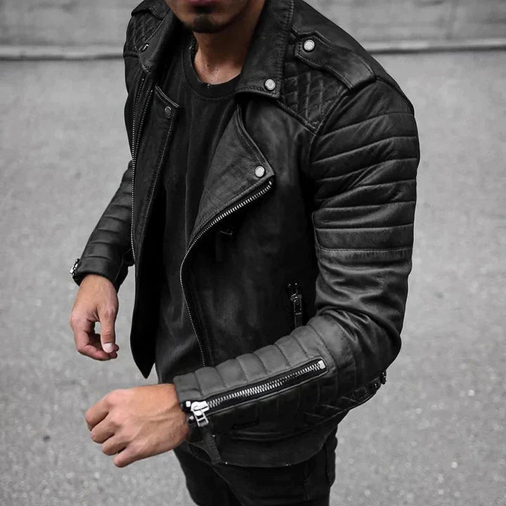 Side view of a men's classic biker jacket with quilted detailing and zip-up closure.