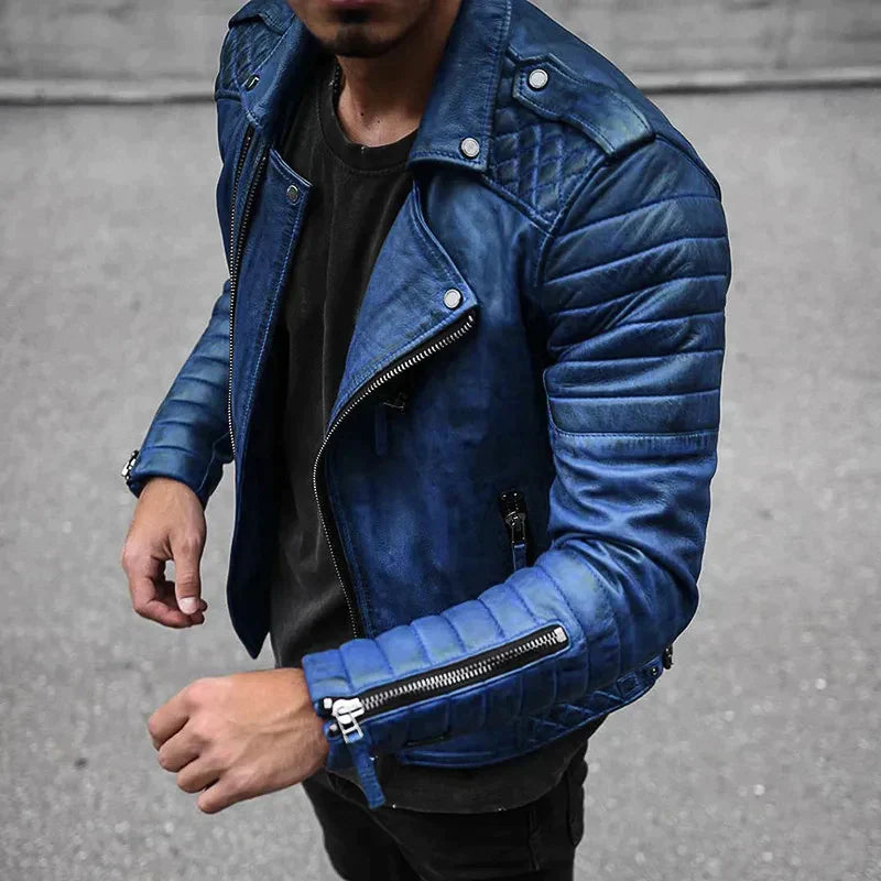 Close-up of the quilted pattern on a men's motorcycle jacket, highlighting quality and texture.