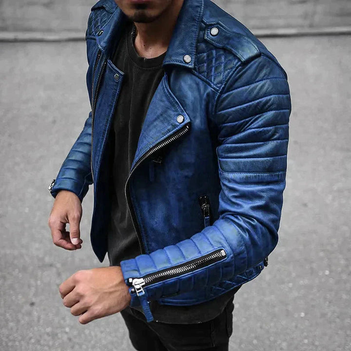 Close-up of the quilted pattern on a men's motorcycle jacket, highlighting quality and texture.