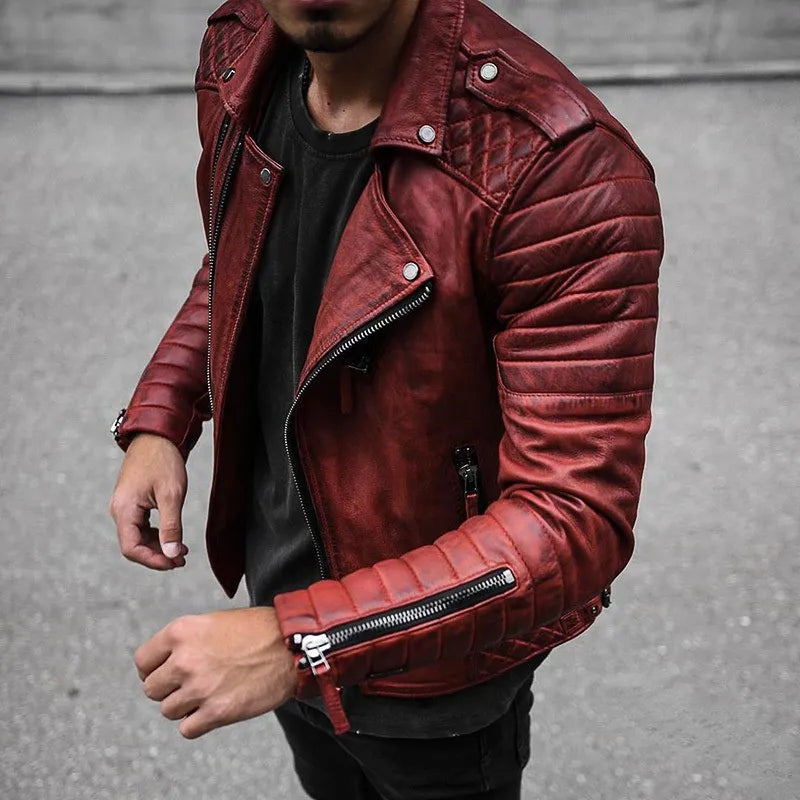 Back view of a men's black zip-up biker jacket, perfect for casual outerwear.
