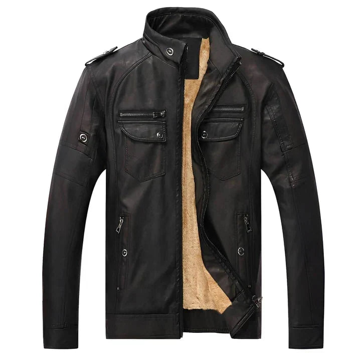 Men's black slim fit biker jacket with a stand collar, perfect for casual outerwear.