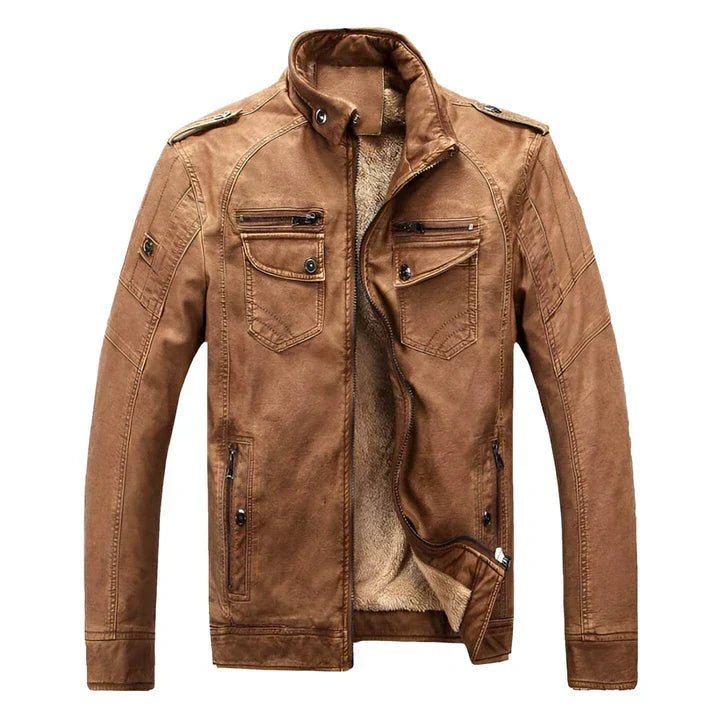 Stylish men's slim fit motorcycle jacket, featuring a sleek stand collar and durable design.