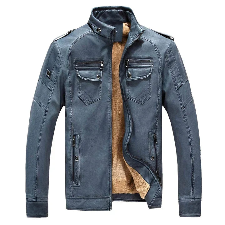 Fashionable men's casual biker jacket. Slim fit, stand collar, ideal for modern outerwear.