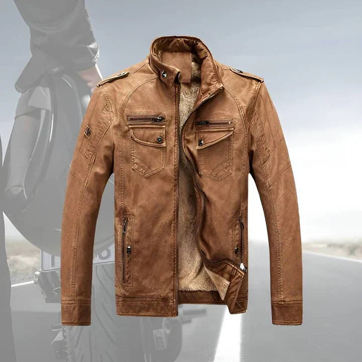 Black men's slim fit biker jacket. Motorcycle style with a stand collar, chic and casual.