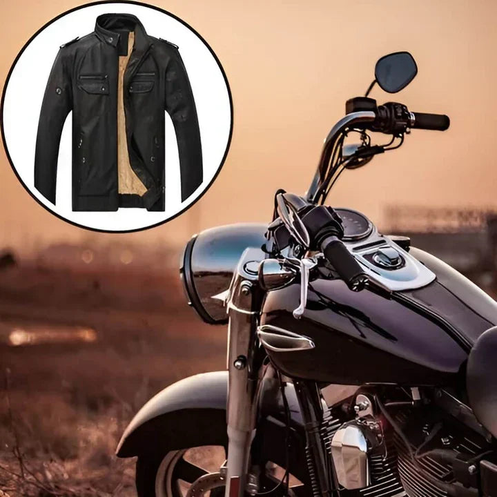 Sleek men's slim fit faux leather biker jacket with stand collar, trendy men's fashion.