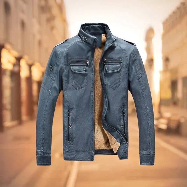 Rugged men's biker jacket, slim fit, stand collar for a classic motorcycle look. Outerwear.