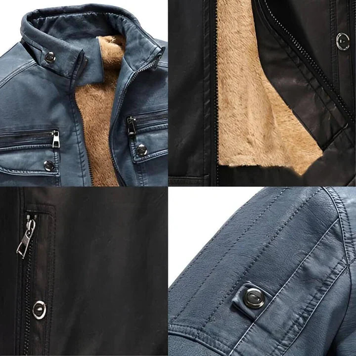 Men's slim fit jacket, biker style, stand collar. Versatile men's fashion and outerwear.