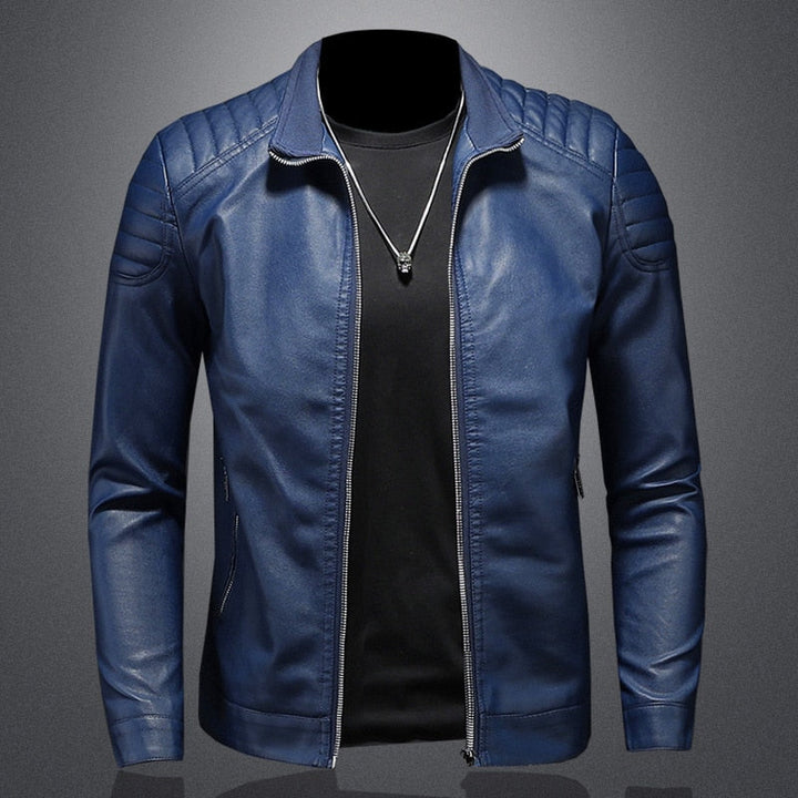 Men's black slim-fit biker jacket with quilted shoulders and stand collar. Stylish outerwear for men.