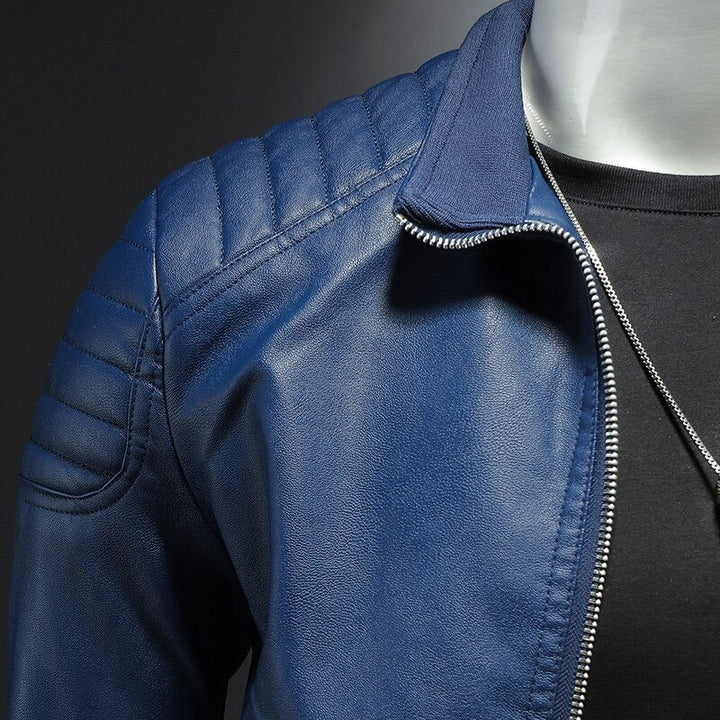 Edgy men's black moto jacket, slim-fit design. Perfect casual outerwear for a modern look and style.