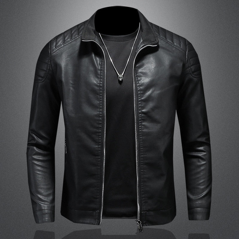 Black slim-fit men's biker jacket. Features quilted shoulder details & a sleek stand collar. Men's fashion.