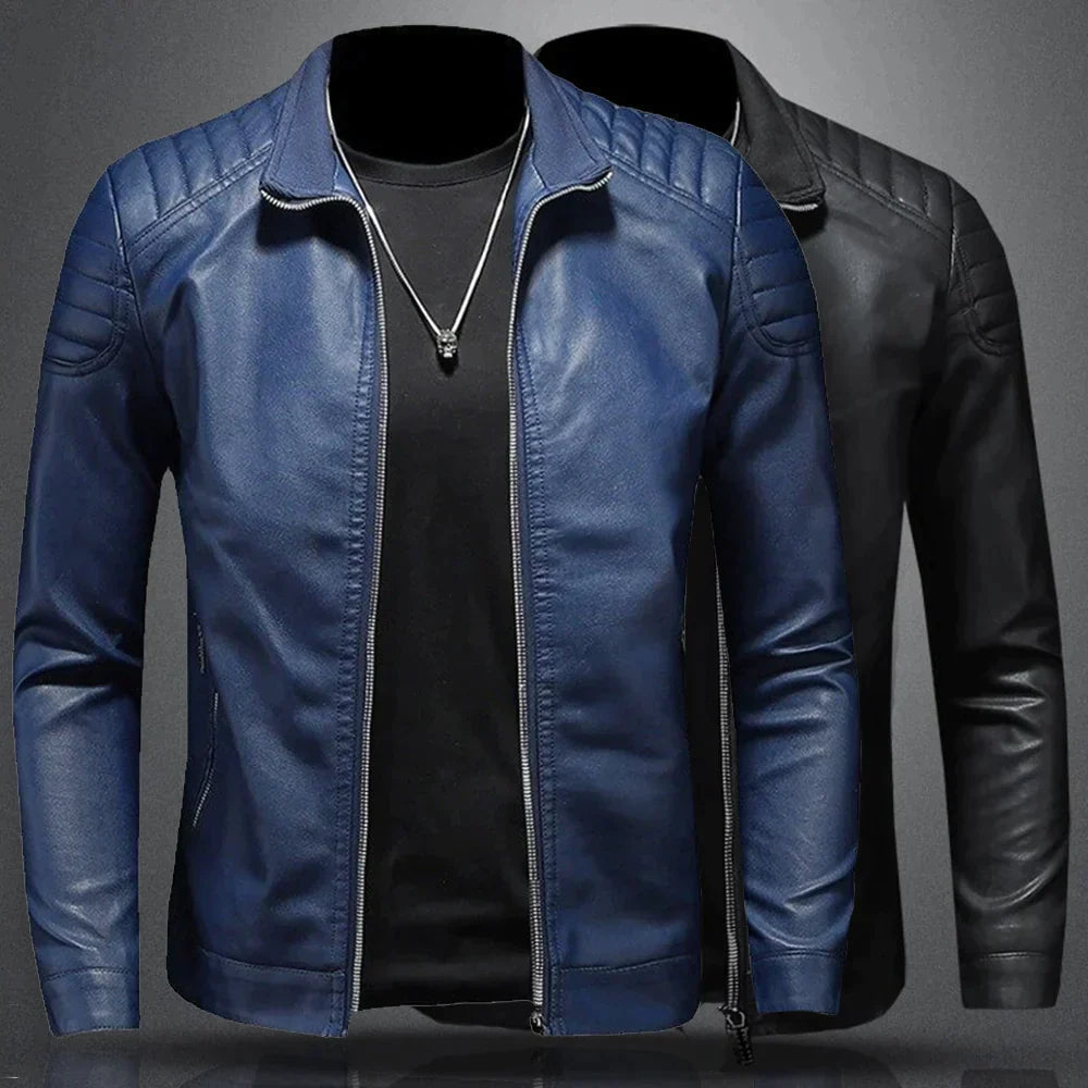 Stylish men's black biker jacket, slim-fit silhouette, ideal casual outerwear. A must-have moto jacket.