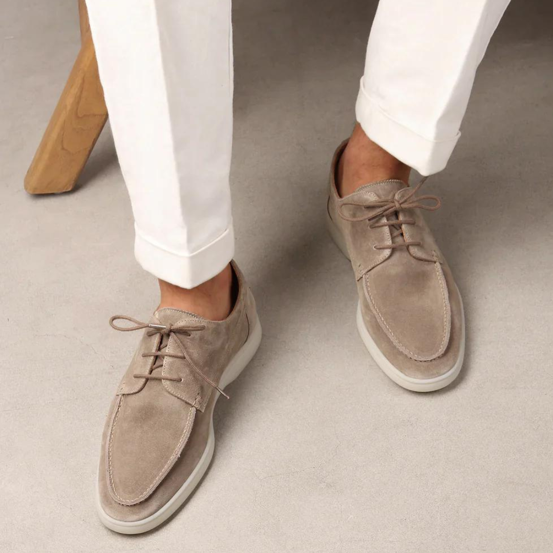 Men's beige soft suede lace-up sneakers, comfortable & stylish everyday casual footwear.