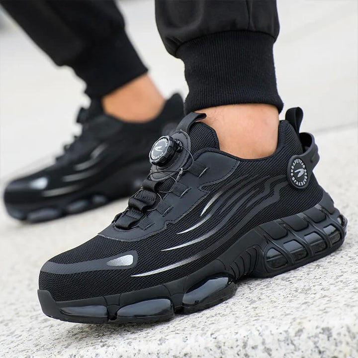Men's black steel toe safety trainers with quick dial fastening, ideal for industrial work & protection.