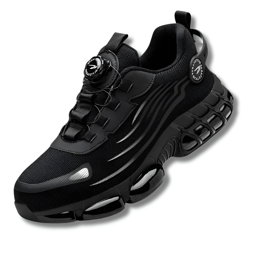 Durable men's grey steel toe work footwear with non-slip sole & dial for comfortable, secure fit.