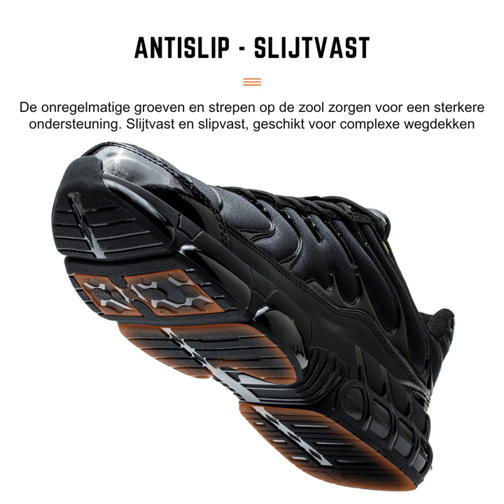 Close-up of men's steel toe safety shoes, black with reinforced toe for protection