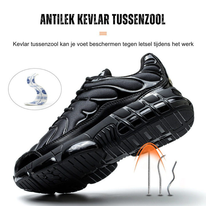 Side view of men's steel toe work shoes, designed for industrial and construction safety