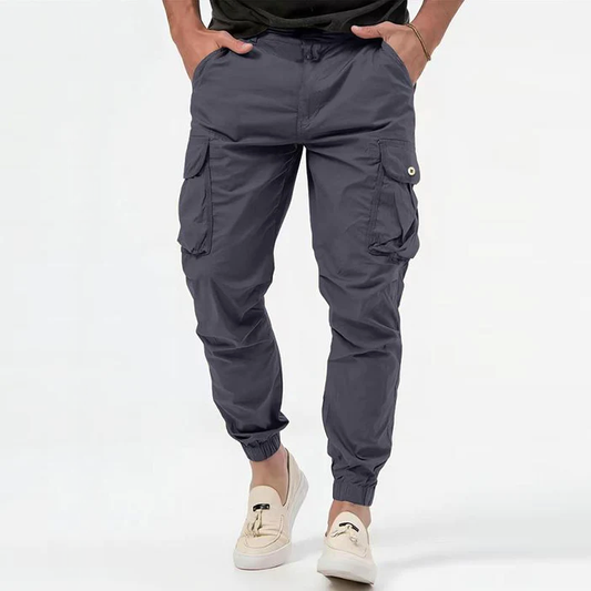 Men's black utility cargo pants with drawstring waist, relaxed fit for casual wear.