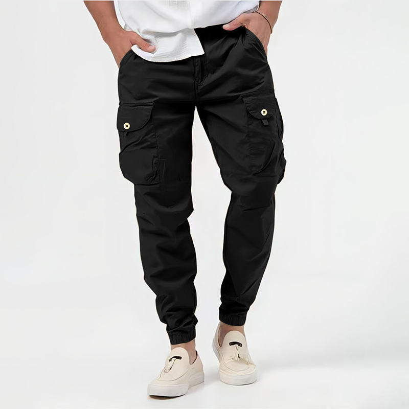 Stylish men's gray cargo pants with an adjustable drawstring waist, perfect for relaxed casual fashion.