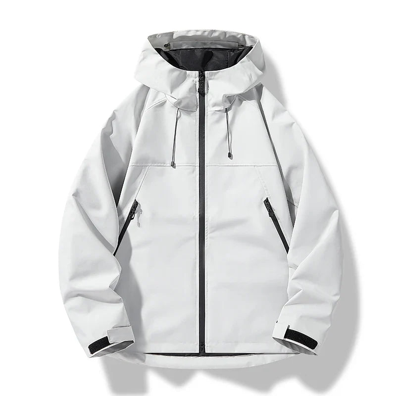 Men's black waterproof hooded windproof shell jacket, ideal for spring and fall outerwear.