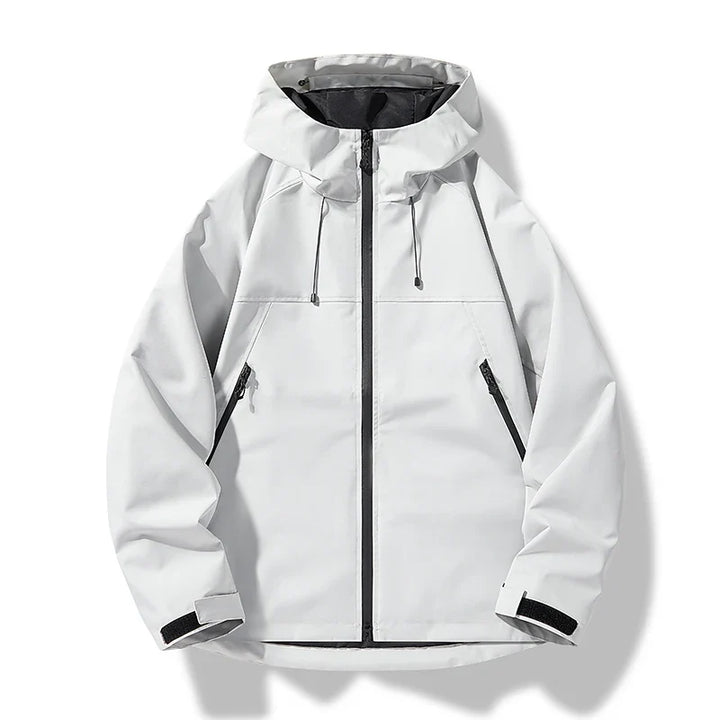 Men's black waterproof hooded windproof shell jacket, ideal for spring and fall outerwear.