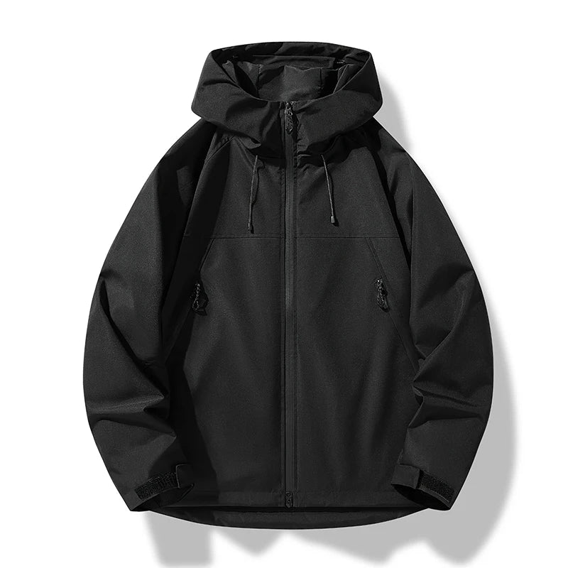 Lightweight men's hooded shell jacket in blue, offering waterproof and windproof protection.