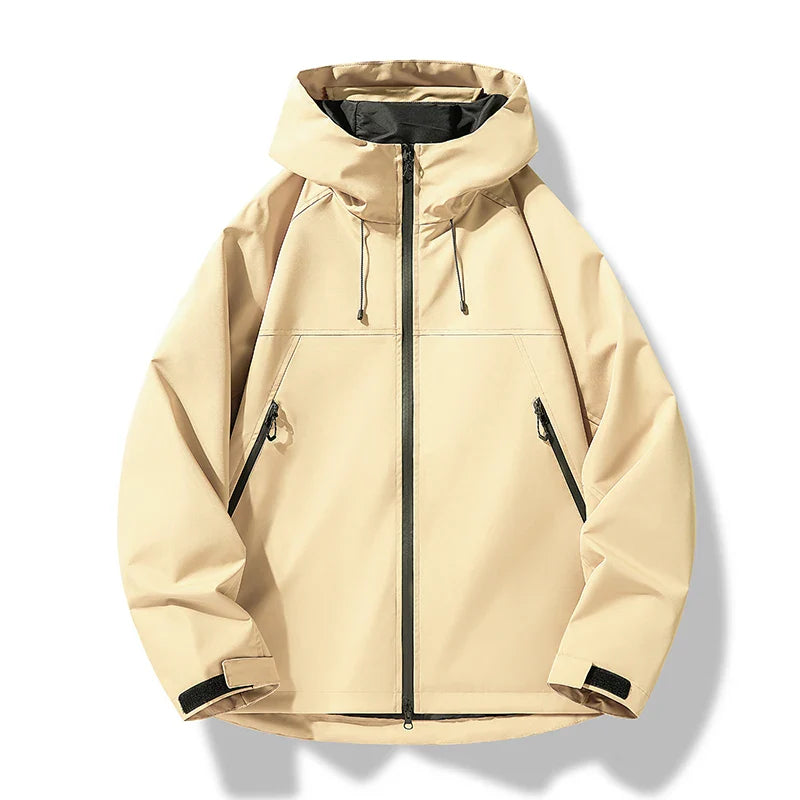 Collection of men's waterproof windproof hooded shell jackets in multiple colors for all seasons.