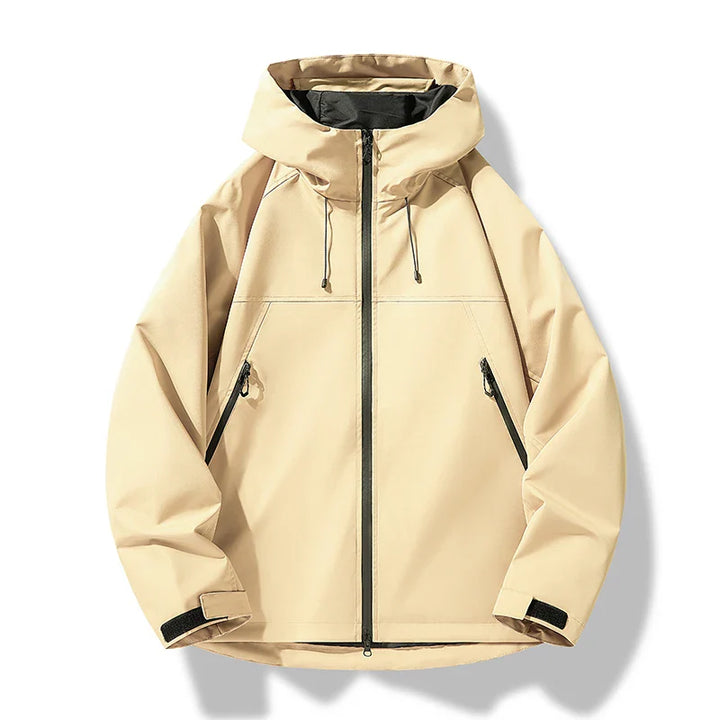Collection of men's waterproof windproof hooded shell jackets in multiple colors for all seasons.