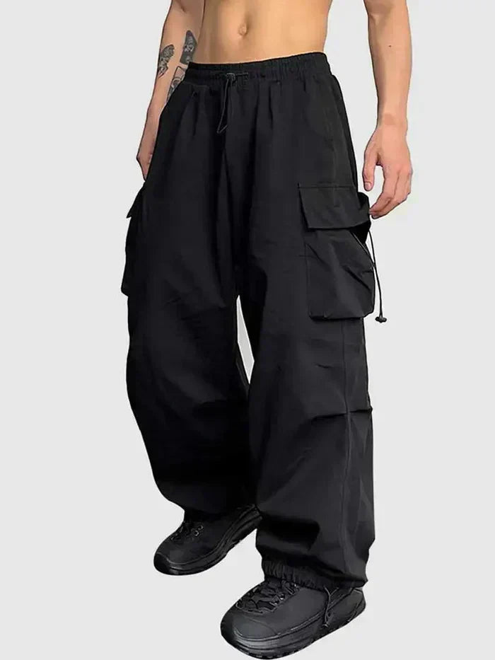 Men's black wide leg cargo pants, utility style, for streetwear and casual comfort, front view