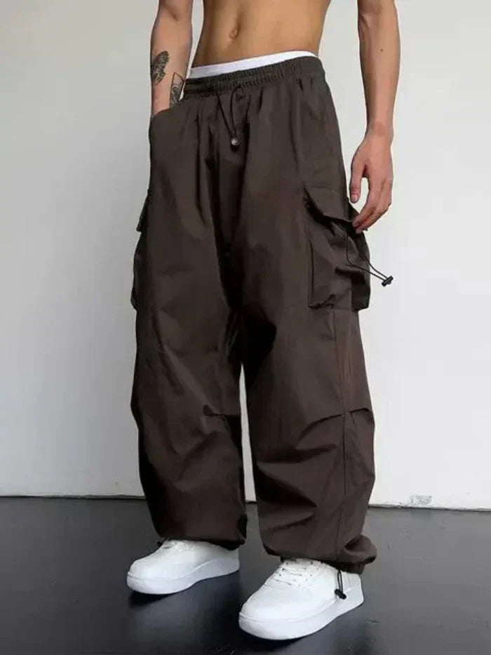 Stylish wide leg cargo pants for men, ideal for summer and spring casual fashion, side view