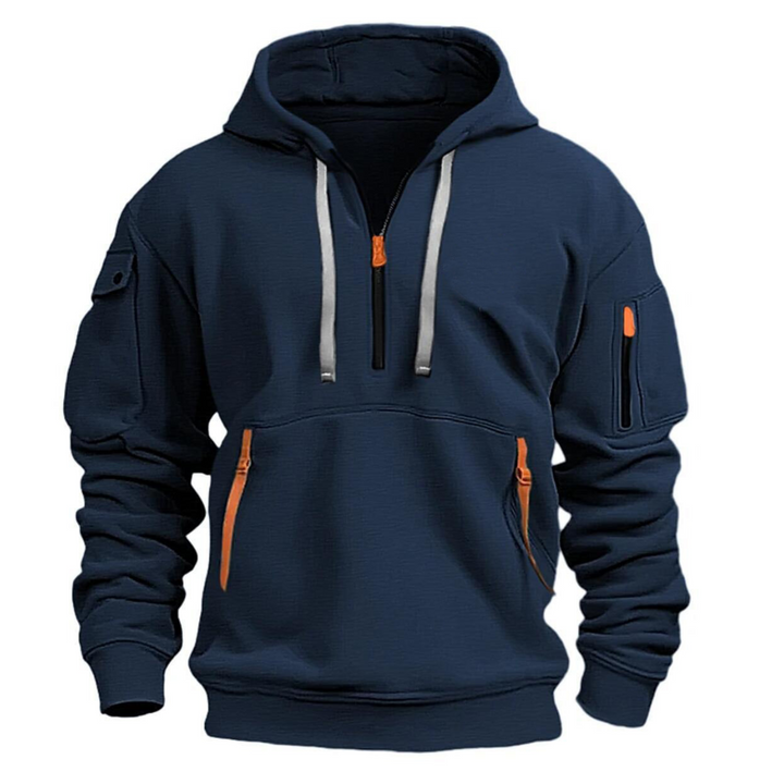 Men's black zip front sports hoodie with pockets, ideal for athletic wear and gym.