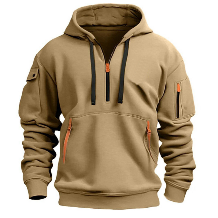 Men's white hooded sweatshirt with full zip and front pockets, suitable for active lifestyle.