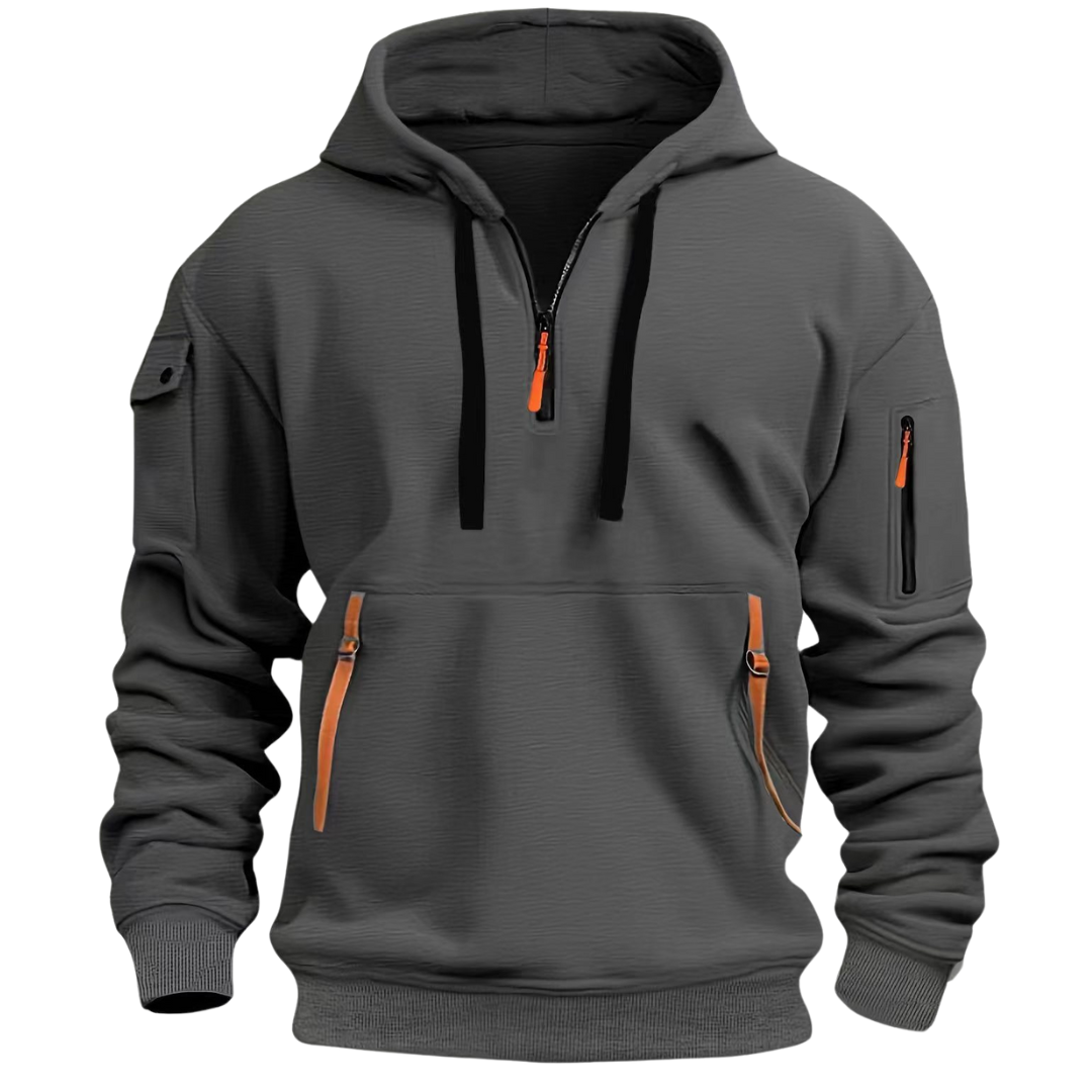 Detail of the fabric on a men's zip front sports hoodie, emphasizing its quality and texture.
