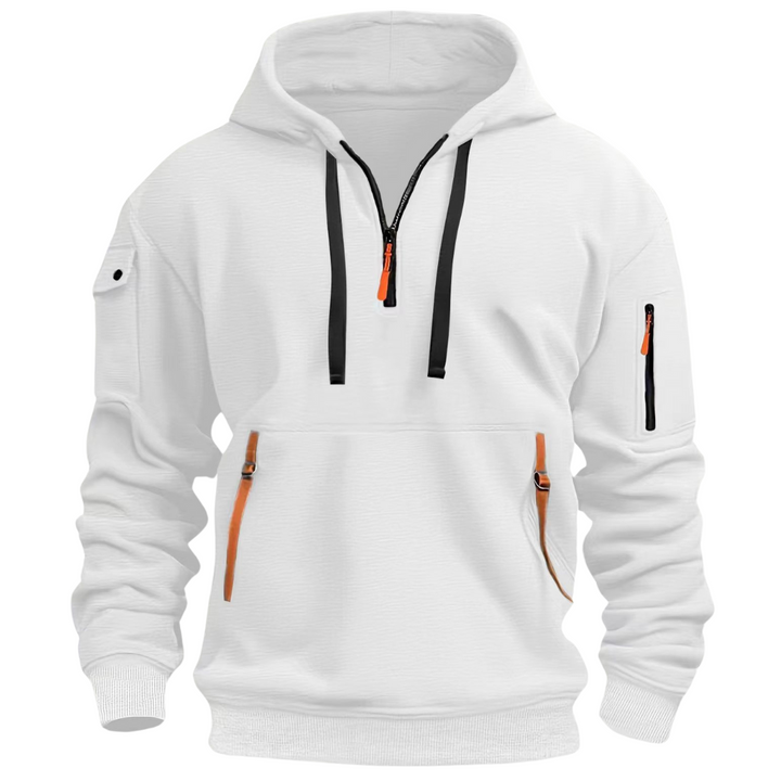Full view of a men's green casual zip front hoodie, designed for comfort and modern activewear.